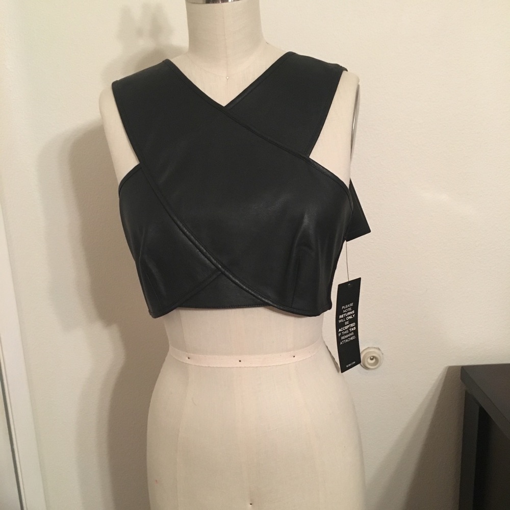BCBG black leather crop top